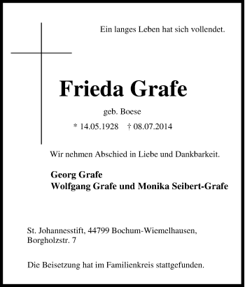 Traueranzeige von Frieda Grafe von Tageszeitung