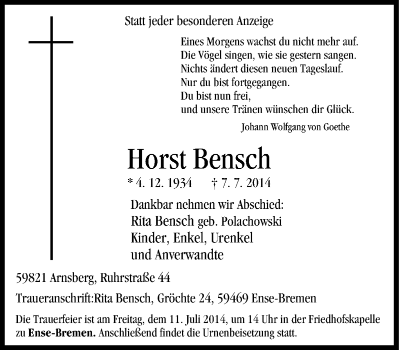  Traueranzeige für Horst Bensch vom 09.07.2014 aus Tageszeitung