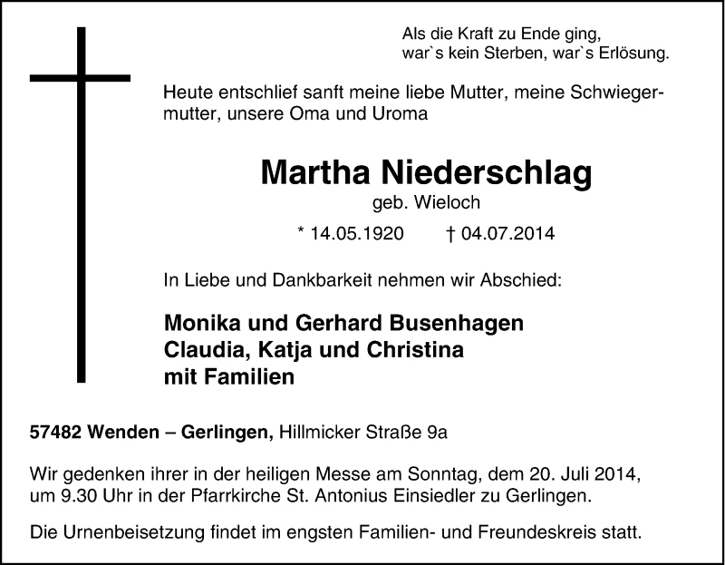  Traueranzeige für Martha Niederschlag  vom 10.07.2014 aus Tageszeitung