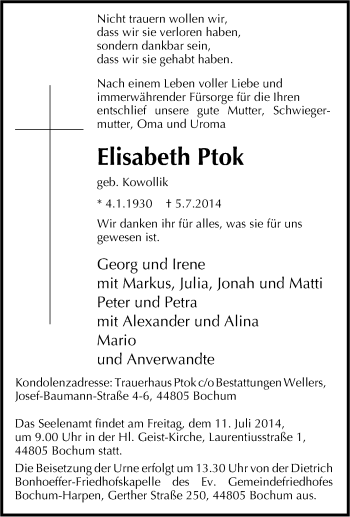 Traueranzeige von Elisabeth Ptok von Tageszeitung