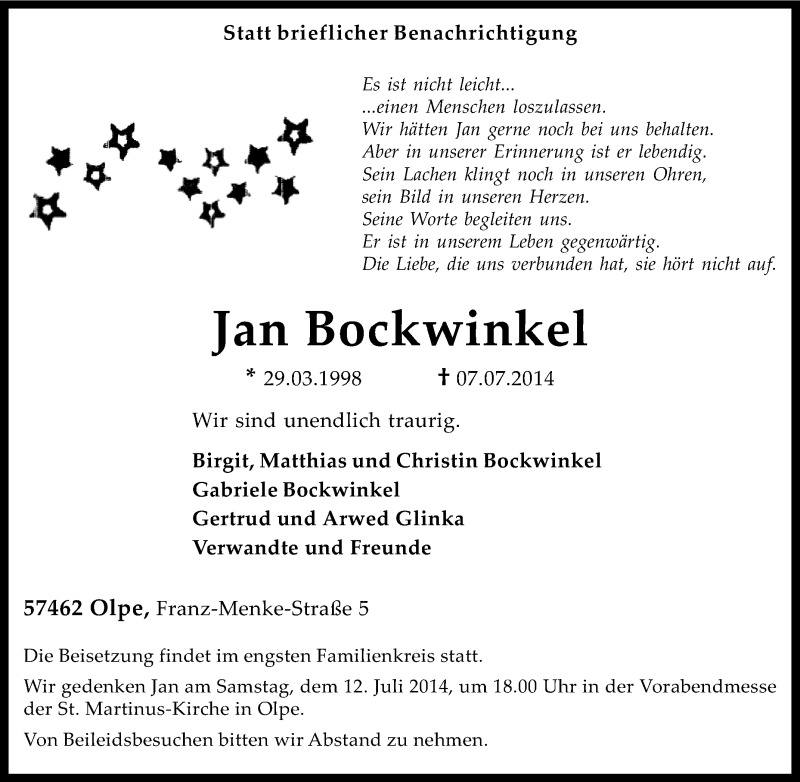  Traueranzeige für Jan Bockwinkel vom 10.07.2014 aus Tageszeitung