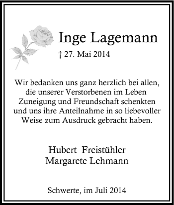 Traueranzeige von Inge Lagemann von Tageszeitung