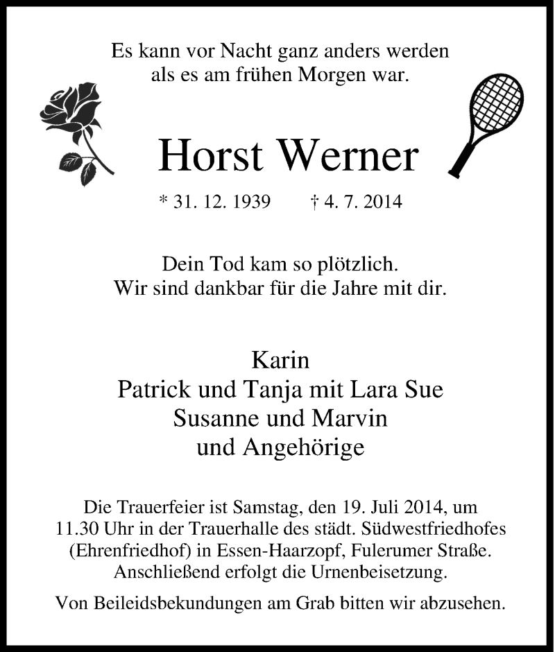  Traueranzeige für Horst Werner vom 12.07.2014 aus Tageszeitung