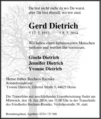 Traueranzeige von Gerd Dietrich von Tageszeitung