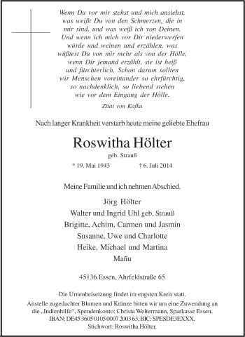 Traueranzeige von Roswitha Hölter von Tageszeitung
