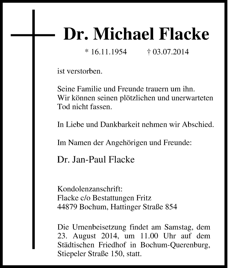  Traueranzeige für Michael Flacke vom 12.07.2014 aus Tageszeitung