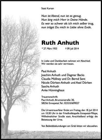 Traueranzeige von Ruth Anhuth von Tageszeitung