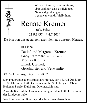 Traueranzeige von Renate Kremer von Tageszeitung