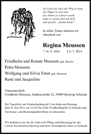 Traueranzeige von Regina Meussen von Tageszeitung