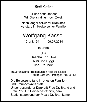 Traueranzeige von Wolfgang Kassel von Tageszeitung