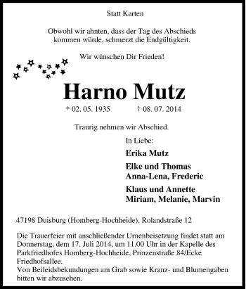 Traueranzeige von Harno Mutz von Tageszeitung