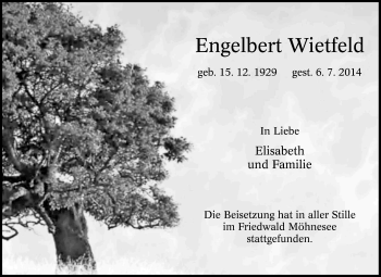 Traueranzeige von Engelbert Wietfeld von Tageszeitung