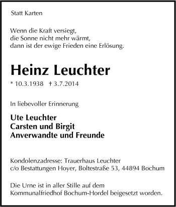 Traueranzeige von Heinz Leuchter von Tageszeitung