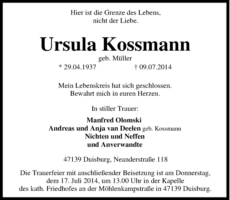  Traueranzeige für Ursula Kossmann vom 12.07.2014 aus Tageszeitung