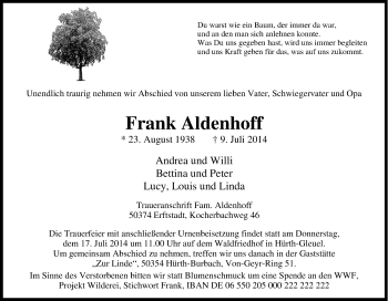 Traueranzeige von Frank Aldenhoff von Tageszeitung