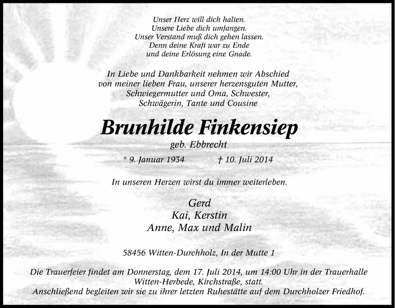  Traueranzeige für Brunhilde Finkensiep vom 15.07.2014 aus Tageszeitung