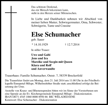 Traueranzeige von Else Schumacher  von Tageszeitung
