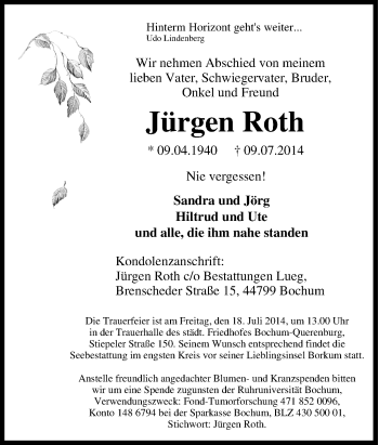 Traueranzeige von Jürgen Roth von Tageszeitung