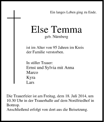 Traueranzeige von Else Temma von Tageszeitung