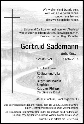 Traueranzeige von Gertrud Sademann von Tageszeitung