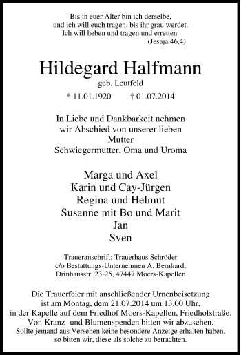 Traueranzeige von Hildegard Halfmann von Tageszeitung