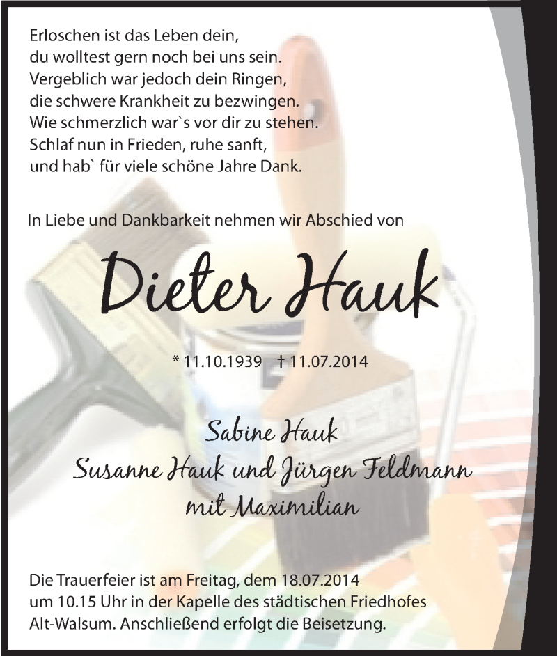  Traueranzeige für Dieter Hauk vom 15.07.2014 aus Tageszeitung