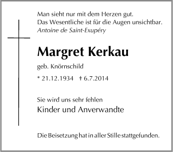 Traueranzeige von Margret Kerkau von Tageszeitung