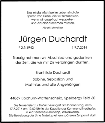 Traueranzeige von Jürgen Duchardt von Tageszeitung