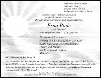 Traueranzeige von Erna Bade von Tageszeitung