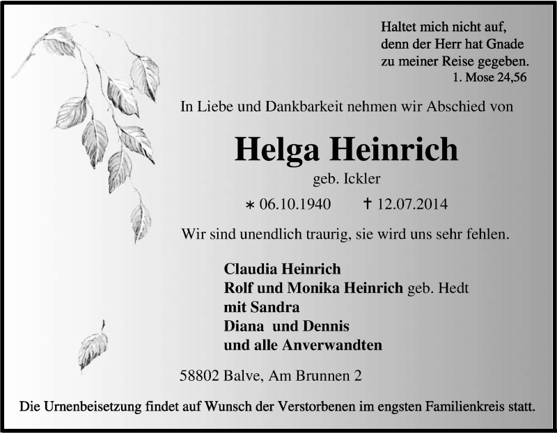  Traueranzeige für Helga Heinrich vom 14.07.2014 aus Tageszeitung