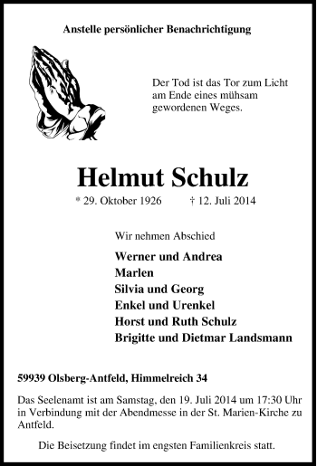 Traueranzeige von Helmut Schulz von Tageszeitung