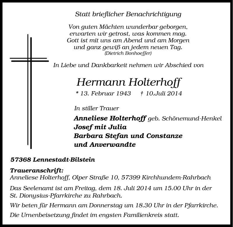  Traueranzeige für Hermann Holterhoff vom 14.07.2014 aus Tageszeitung