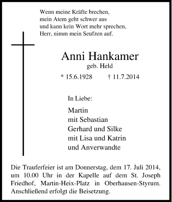 Traueranzeige von Anni Hankamer von Tageszeitung