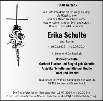 Traueranzeige von Erika Schulte von Tageszeitung
