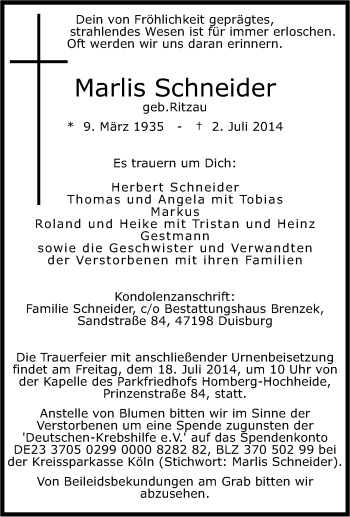 Traueranzeige von Marlis Schneider von Tageszeitung