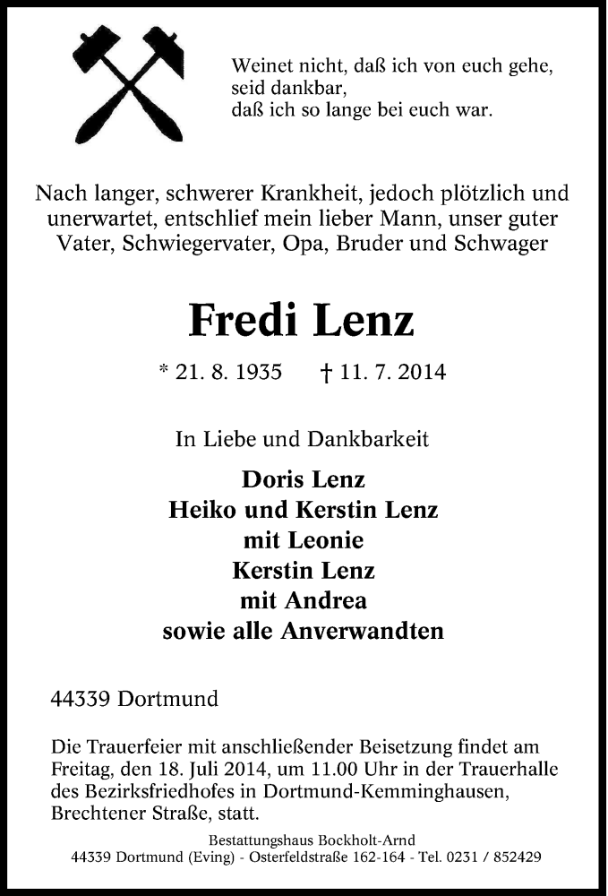  Traueranzeige für Fredi Lenz vom 15.07.2014 aus Tageszeitung