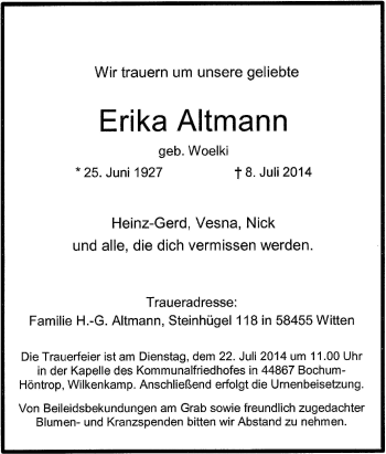 Traueranzeige von Erika Altmann von Tageszeitung
