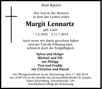 Traueranzeige von Margit Lennartz von Tageszeitung