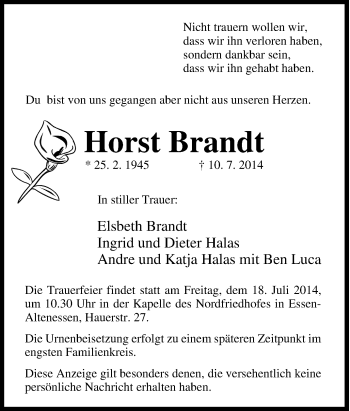 Traueranzeige von Horst Brandt von Tageszeitung