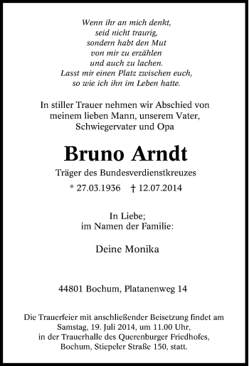 Traueranzeige von Bruno Arndt von Tageszeitung