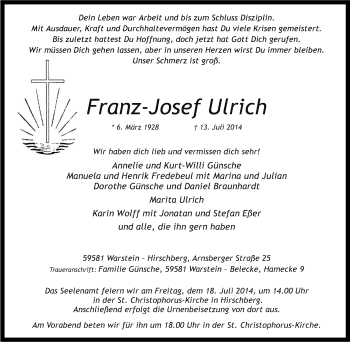 Traueranzeige von Franz-Josef Ulrich von Tageszeitung