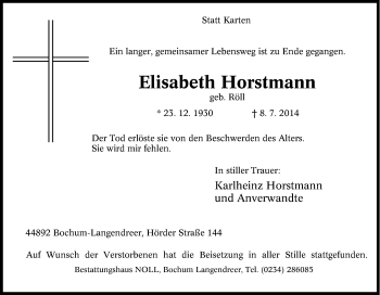 Traueranzeige von Elisabeth Horstmann von Tageszeitung
