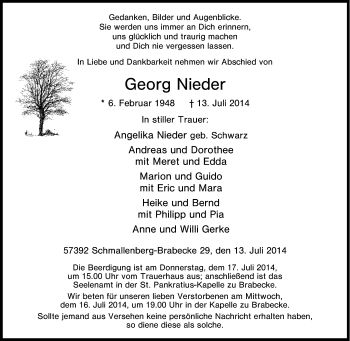 Traueranzeige von Georg Nieder von Tageszeitung