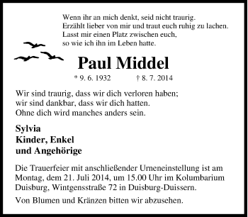 Traueranzeige von Paul Middel von Tageszeitung