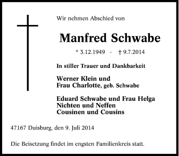 Traueranzeige von Manfred Schwabe von Tageszeitung