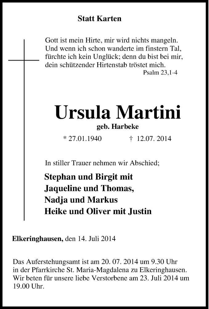  Traueranzeige für Ursula Martini vom 15.07.2014 aus Tageszeitung