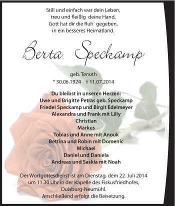 Traueranzeige von Berta Speckamp von Tageszeitung
