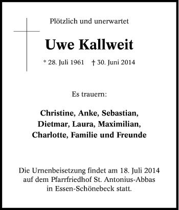 Traueranzeige von Uwe Kallweit von Tageszeitung