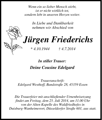 Traueranzeige von Jürgen Friederichs von Tageszeitung