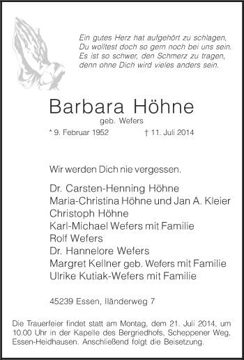 Traueranzeige von Barbara Höhne von Tageszeitung